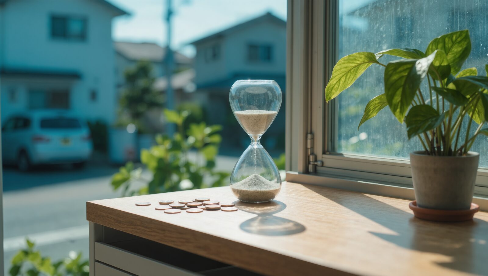 郊外の住宅の窓辺に置かれた砂時計と硬貨、時間のずれを表す情景
