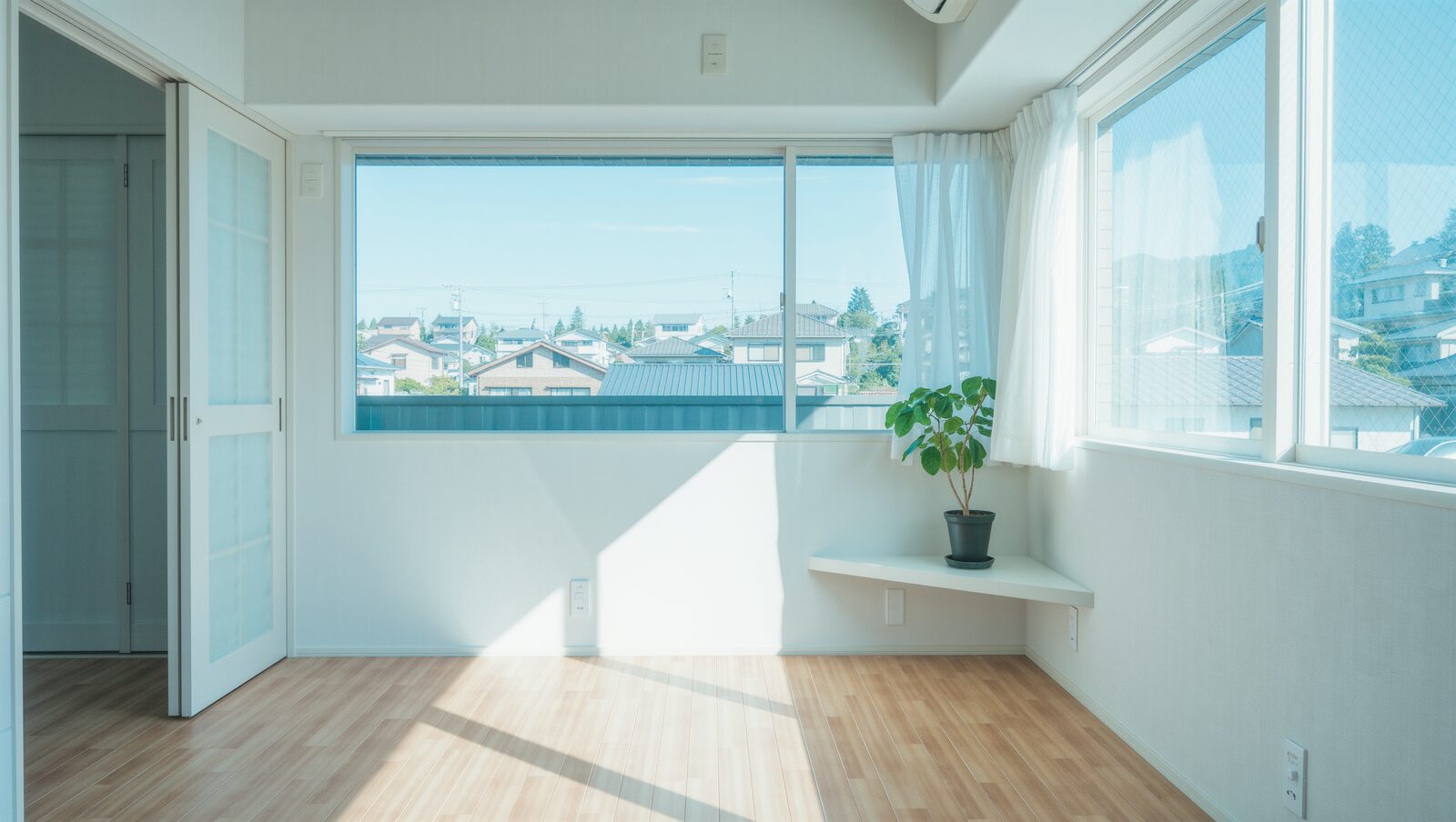 光が差し込む明るいマンションの部屋と観葉植物、窓の外の住宅街