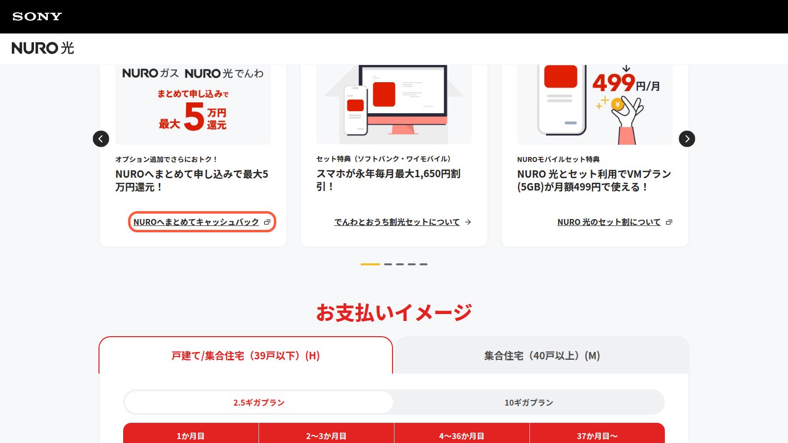 NURO光のオプション不要キャッシュバック特設ページ